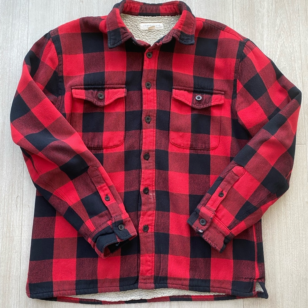 Aeropostale Sherpa Lined Flannel Jacket Men Medium Red Black Buffalo Plaid Shirt